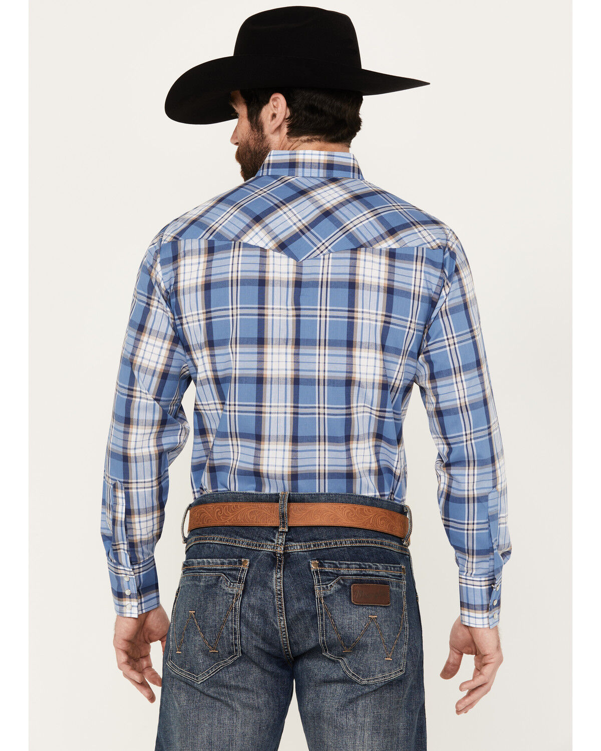 Image #4 - Ely Walker Men's Plaid Print Long Sleeve Pearl Snap Western Shirt, Blue, hi-res