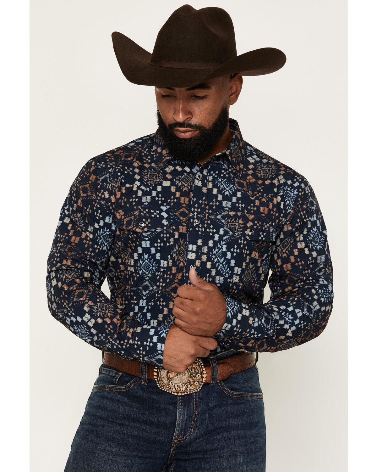 Image #1 - RANK 45&reg; Men's Rodeo Tech 2.0 Everglades Southwestern Print Long Sleeve Snap Stretch Performance Shirt, Navy, hi-res