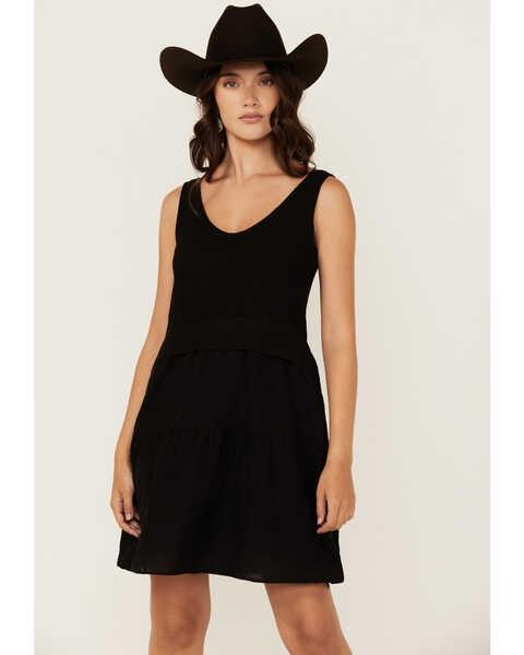 Revel Women's Knit Bodice Tiered Short Dress, Black, hi-res