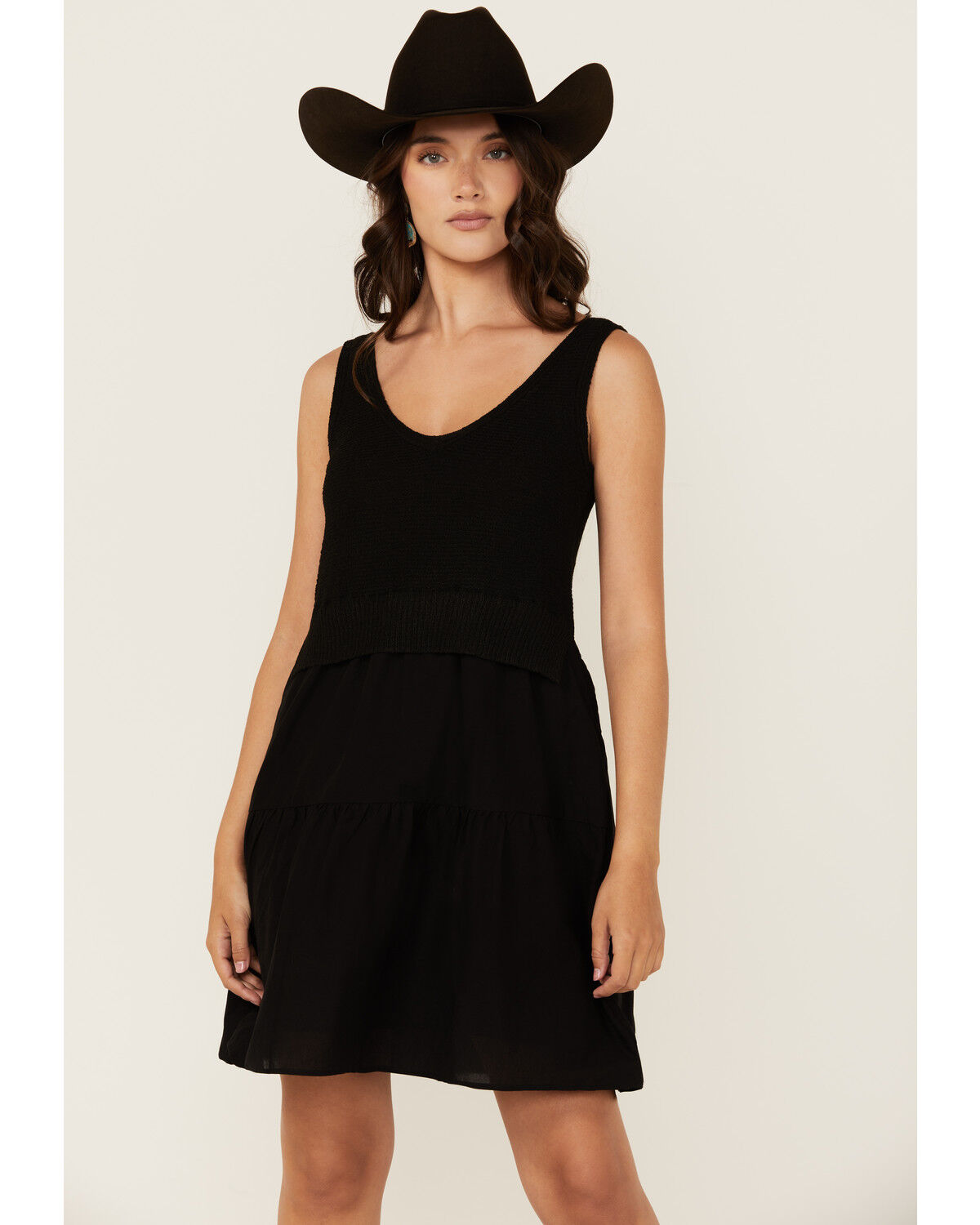 Image #1 - Revel Women's Knit Bodice Tiered Short Mini Dress, Black, hi-res