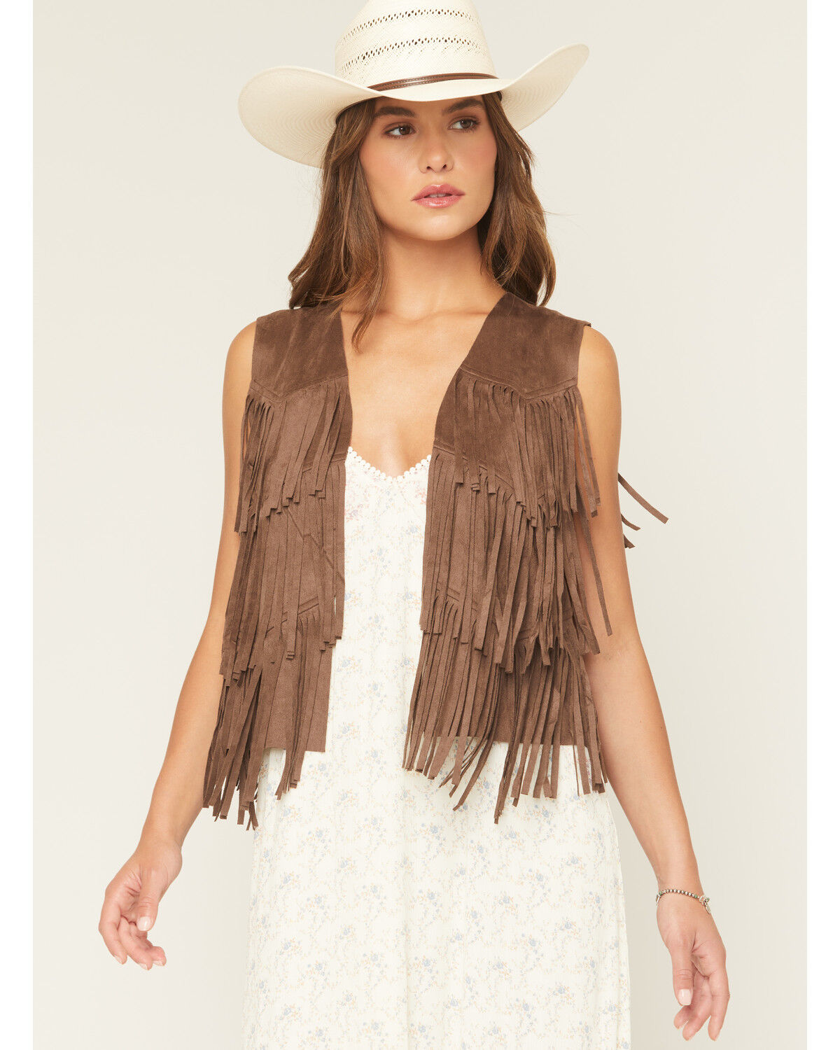 Image #1 - Vocal Women's Tiered Fringe Faux Suede Vest, Chocolate, hi-res