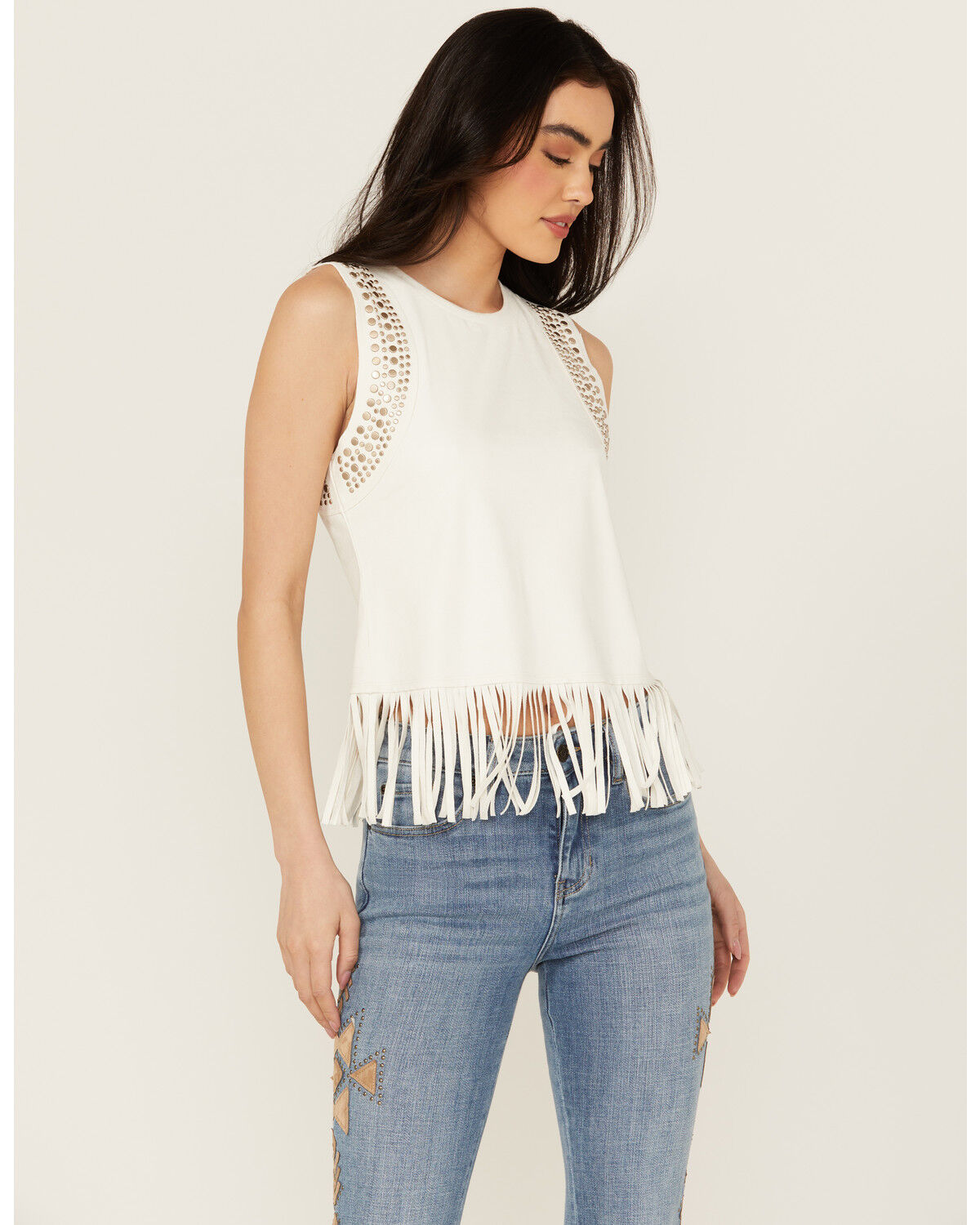 Image #1 - Idyllwind Women's Lillian Studded Fringe Tank Top, Ivory, hi-res