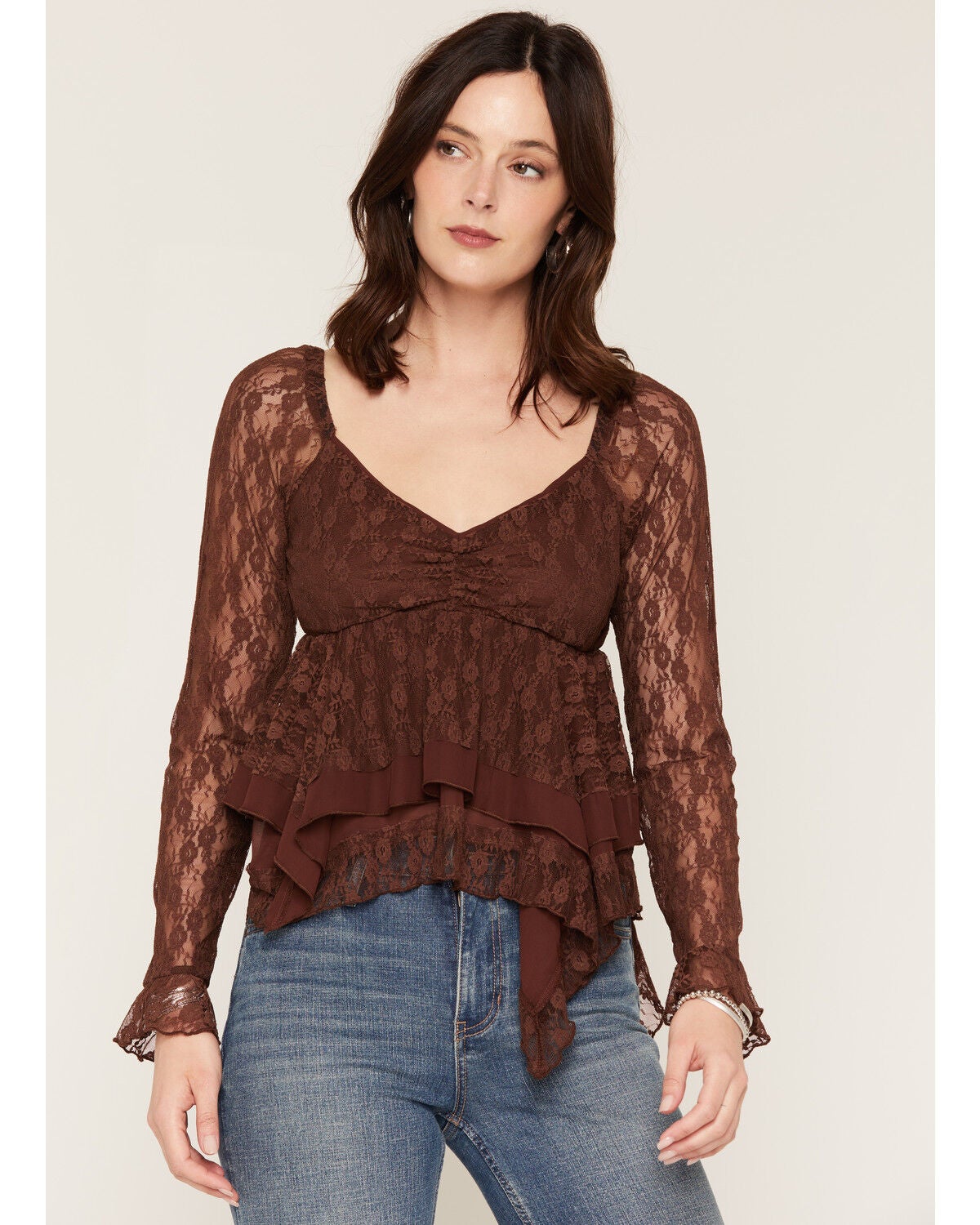 Image #1 - Wild Moss Women's Lace Long Sleeve Shirt, Brown, hi-res