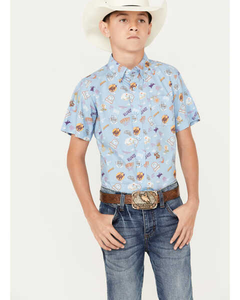Ariat Boys' Maurico Print Classic Fit Short Sleeve Button Down Western Shirt, Light Blue, hi-res