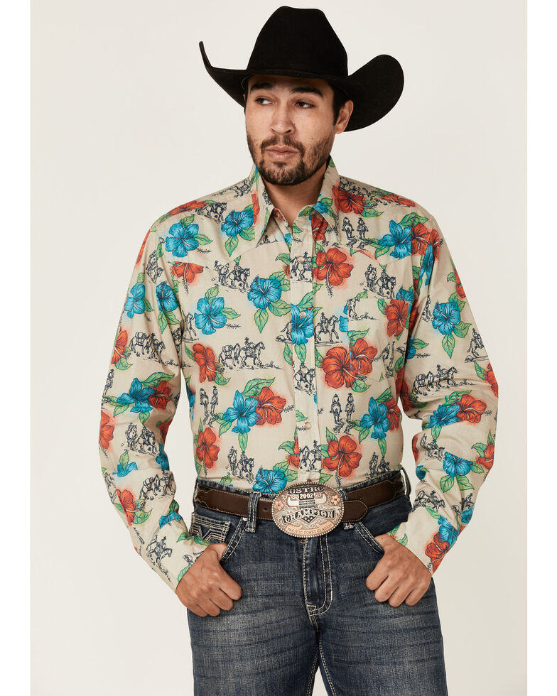 Roper Men's Trail Ride Tropical Floral Print Long Sleeve Snap Western Shirt , Multi, hi-res