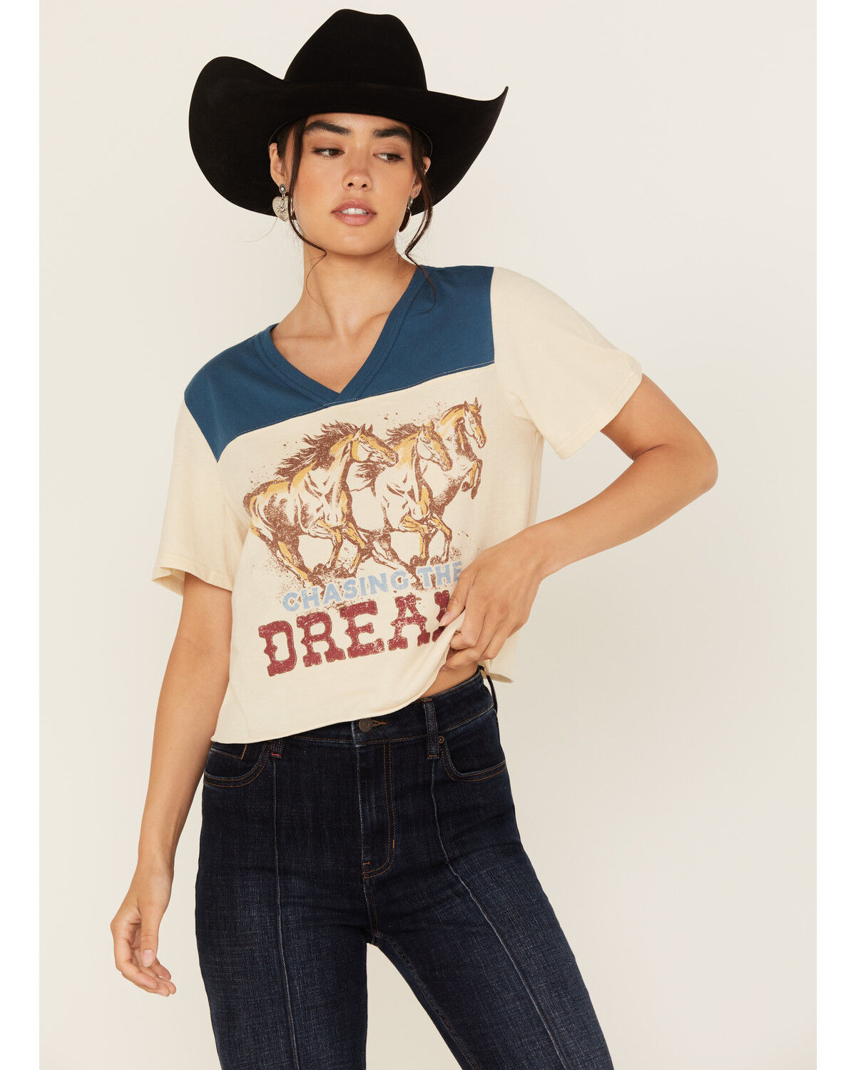 Image #1 - Idyllwind Women's Chasing The Dream Cropped Football Short Sleeve Tee, Nude, hi-res