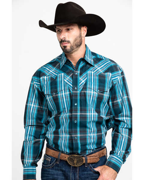Stetson Men's Teal Slate Plaid Long Sleeve Western Shirt , Blue, hi-res