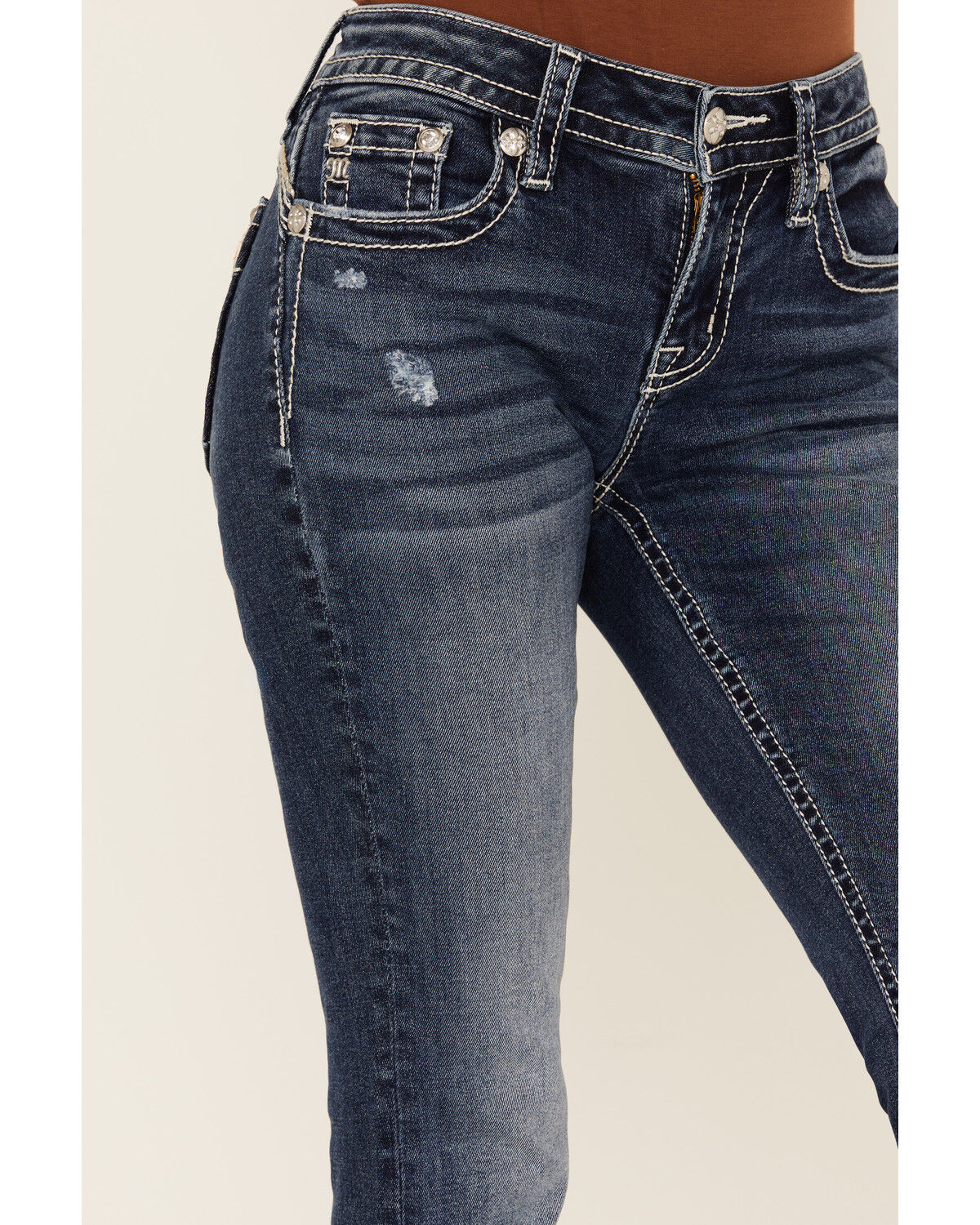 Image #4 - Miss Me Women's Medium Wash Mid Rise Cowhide Pocket Bootcut Stretch Denim Jeans, Medium Wash, hi-res
