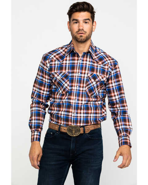 Rough Stock By Panhandle Men's Walpole Stretch Plaid Print Long Sleeve Western Shirt , Rust Copper, hi-res