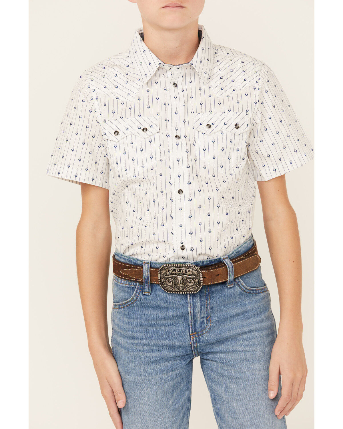 Image #2 - Cody James Boys' Challenger Horseshoe Print Short Sleeve Snap Western Shirt, White, hi-res