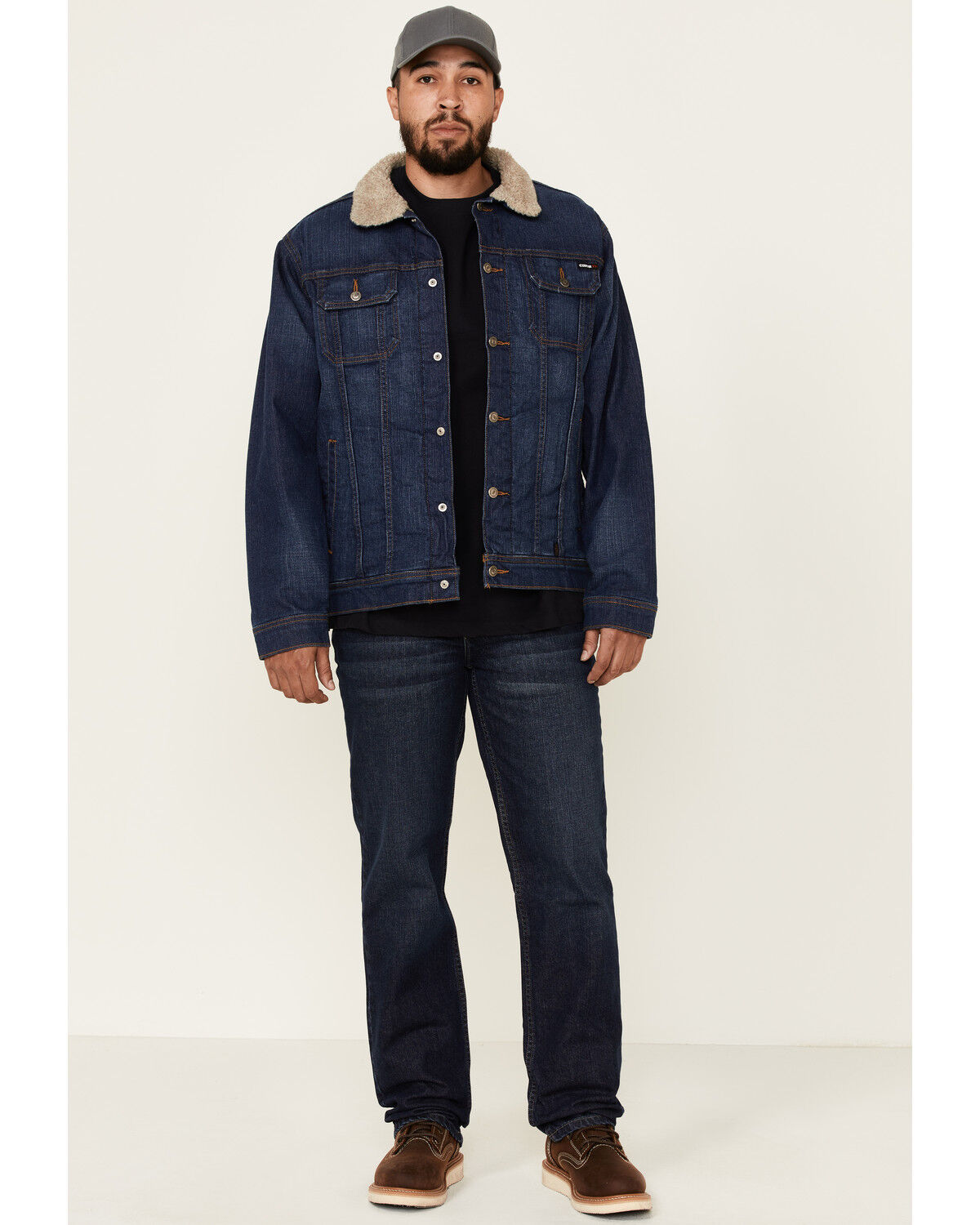 Image #2 - Cinch Men's FR Stretch Denim Sherpa Lined Trucker Work Jacket, Indigo, hi-res