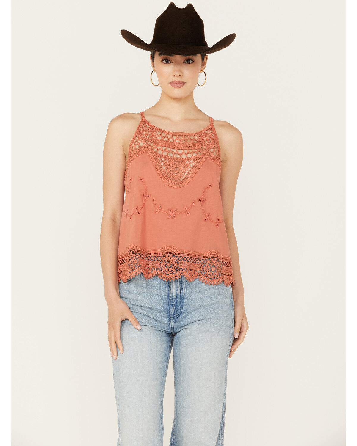 Image #1 - Beyond The Radar Women's Crochet Trim Tank, Rust Copper, hi-res