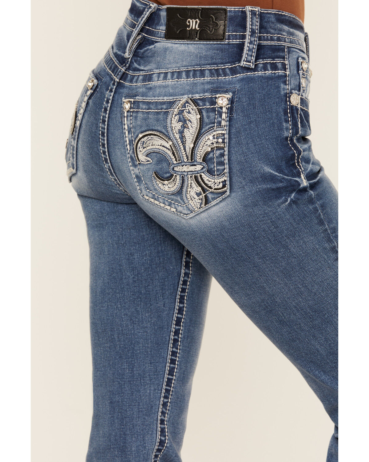 Image #2 - Miss Me Women's Medium Wash Mid Rise Fleur de Lis Pocket Bootcut Stretch Denim Jeans, Medium Wash, hi-res