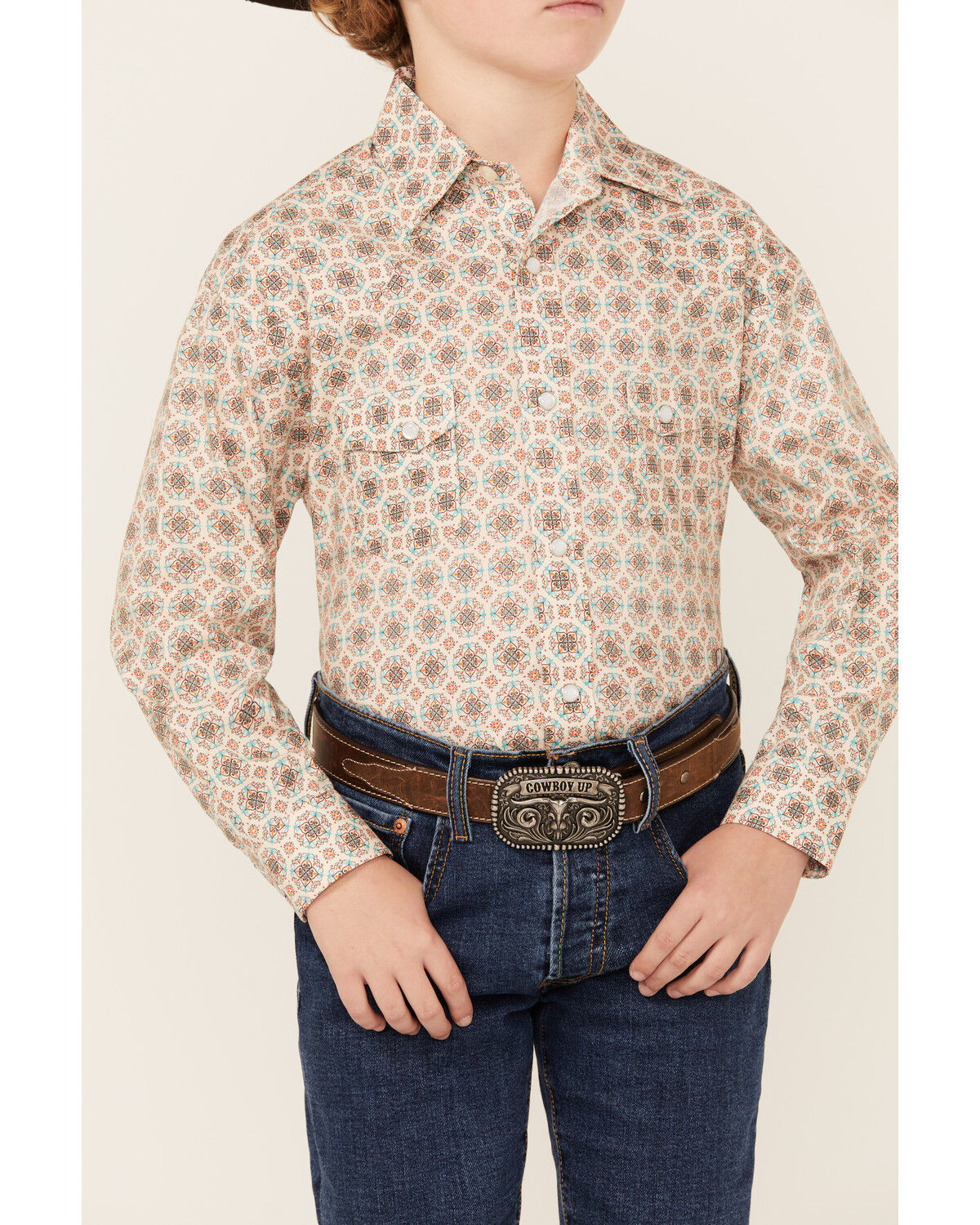 Image #3 - Rock & Roll Denim Boys Geo Print Long Sleeve Pearl Stretch Snap Western Shirt, Cream, hi-res