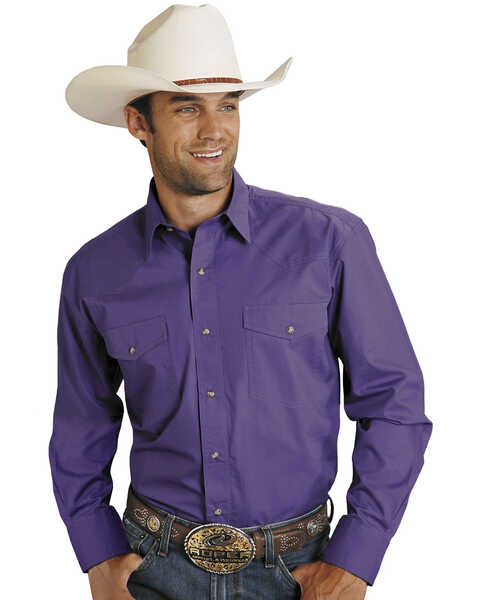 Image #1 - Roper Men's Amarillo Collection Solid Long Sleeve Western Shirt, Purple, hi-res