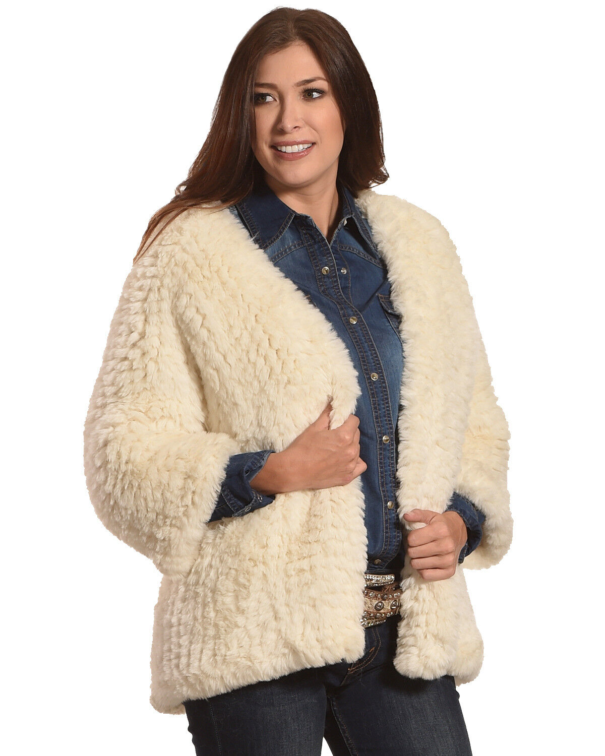 Image #2 - Tractr Women's Faux Fur Cardigan, Cream, hi-res