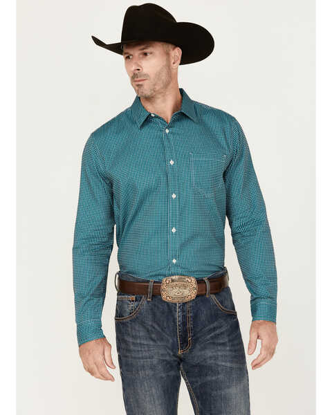 Image #1 - Gibson Trading Co Men's Checkered Print Long Sleeve Button-Down Western Shirt, Teal, hi-res