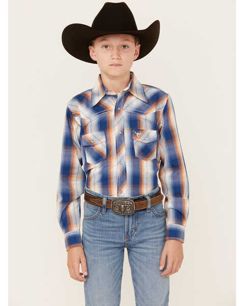 Cowboy Hardware Boys' Plaid Print Long Sleeve Pearl Snap Western Shirt, Blue, hi-res