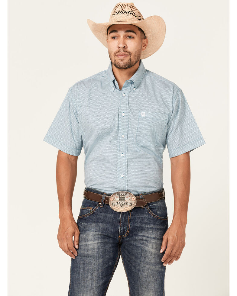 Cinch Men's Geo Print Button Short Sleeve Western Shirt , Teal, hi-res