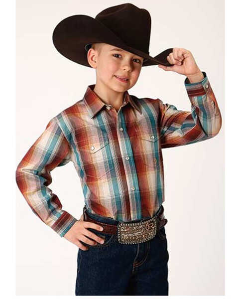 Roper Boys' Amarillo Plaid Print Long Sleeve Snap Western Shirt, Brown, hi-res