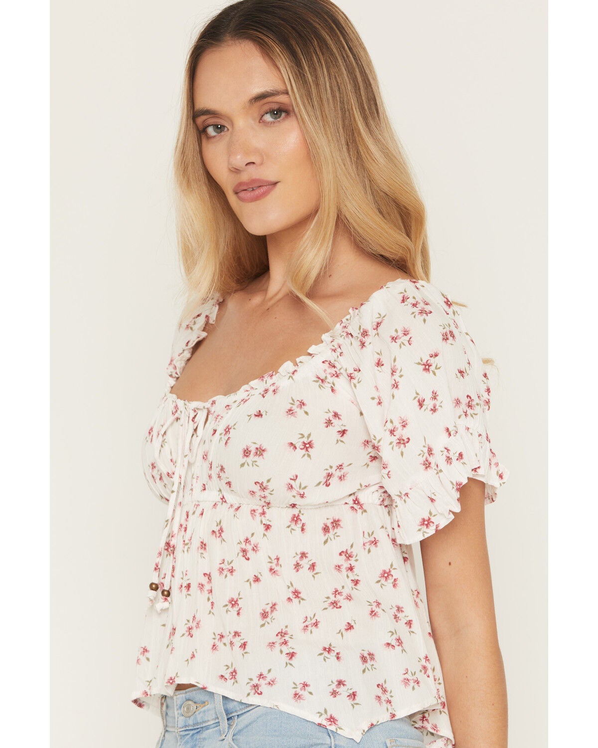Image #2 - Angie Women's Floral Print Short Sleeve Hanky Hem Top, Ivory, hi-res