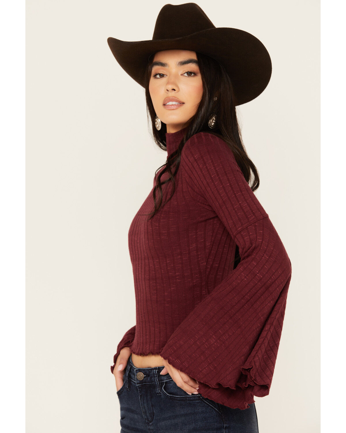 Image #2 - Shyanne Women's Rib Knit Mock Neck Bell Sleeve Top, Maroon, hi-res