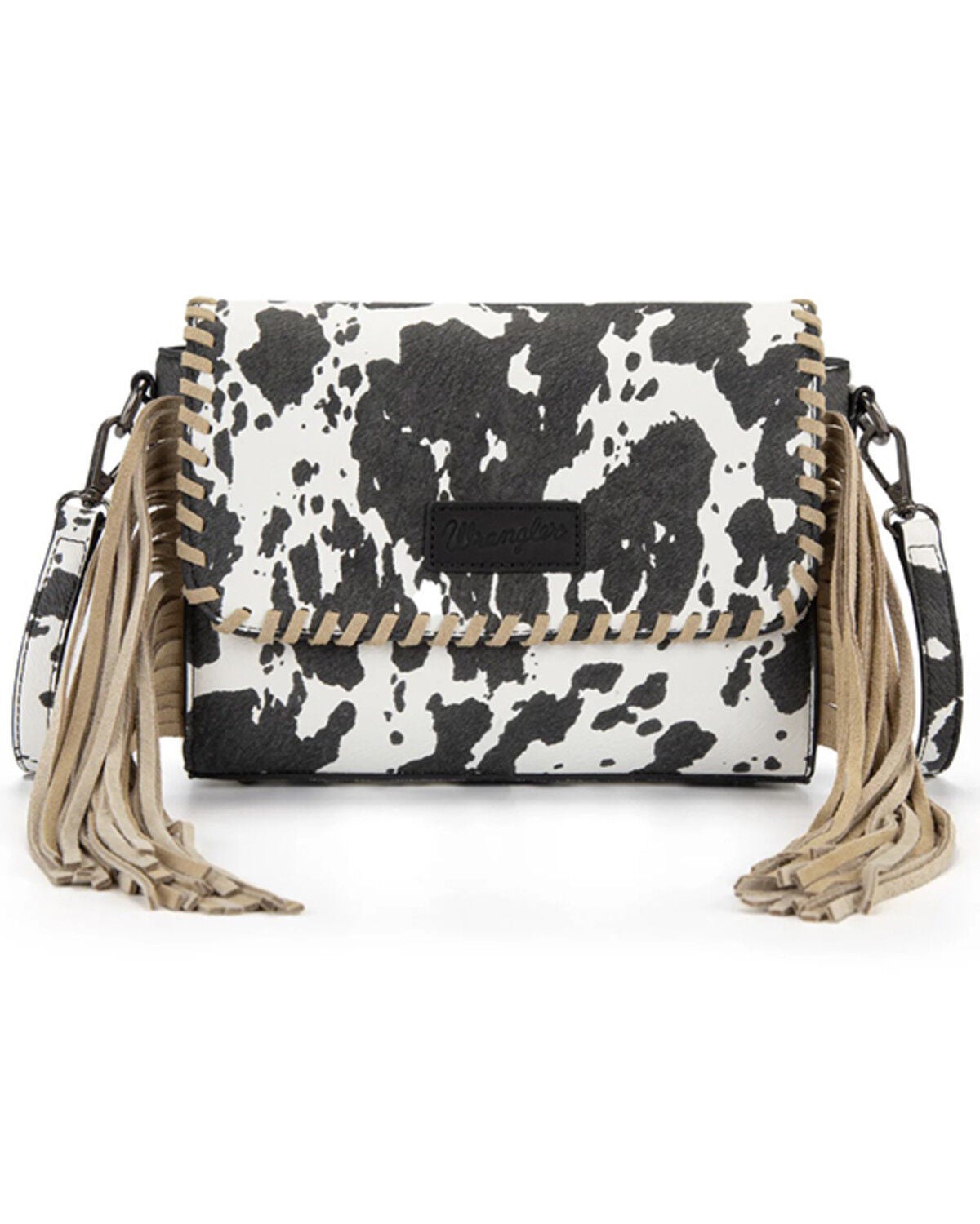 Image #1 - Wrangler Women's Cow Print Fringe Crossbody Bag, Coffee, hi-res