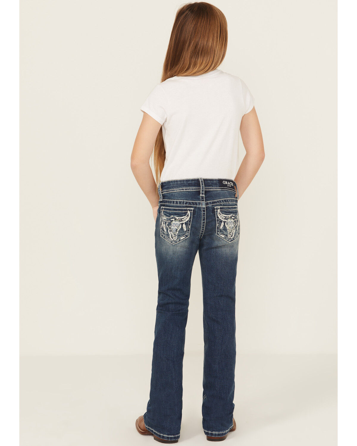 Image #1 - Grace in LA Girls' Dark Wash Steer Head Pocket Bootcut Denim Jeans, Medium Wash, hi-res