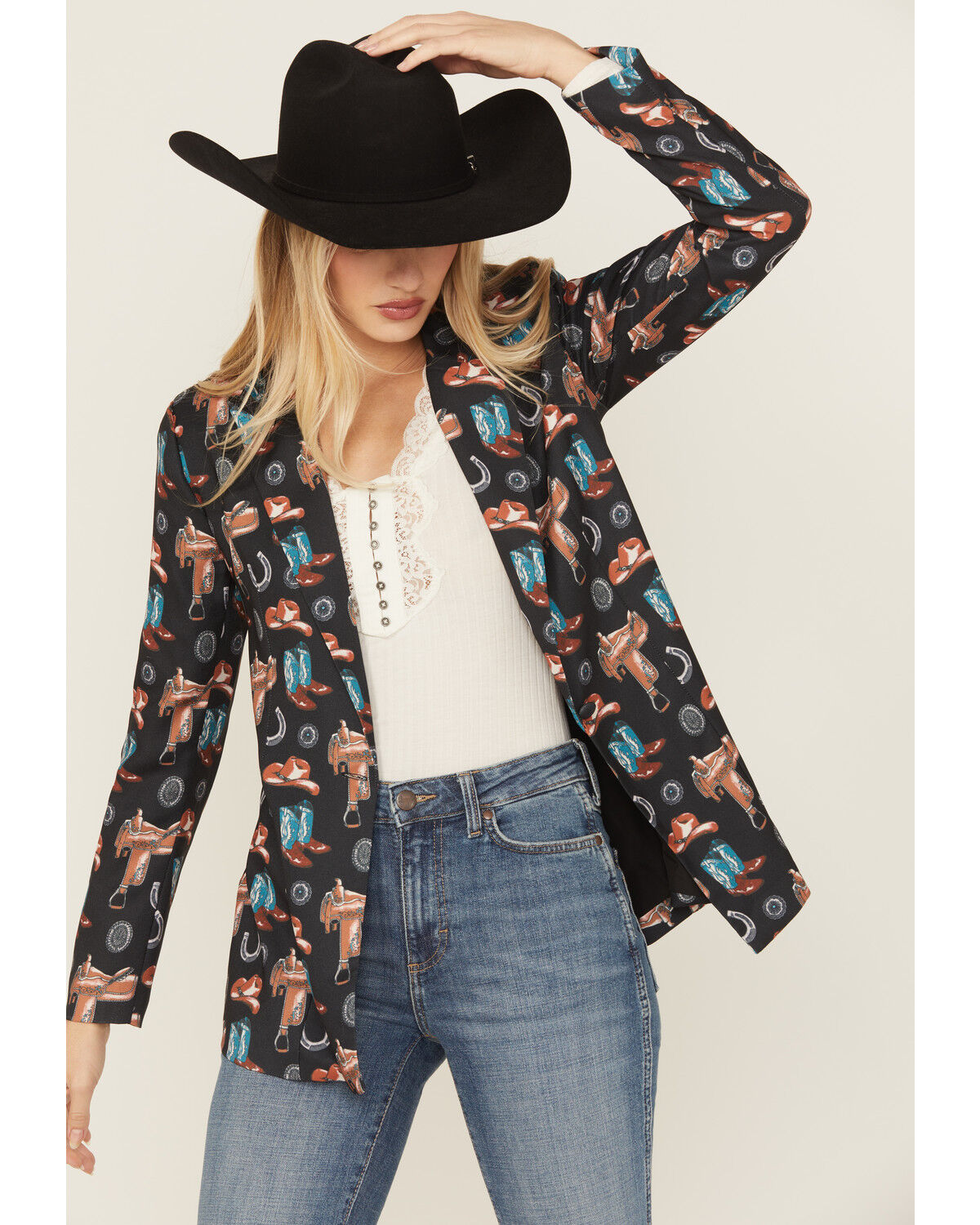 Image #1 - Rock & Roll Denim Women's Conversational Print Blazer, Black, hi-res