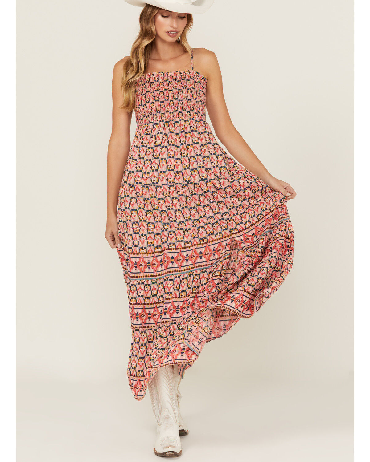 Image #1 - Angie Women's Printed Smocked Front Maxi Dress, Pink, hi-res