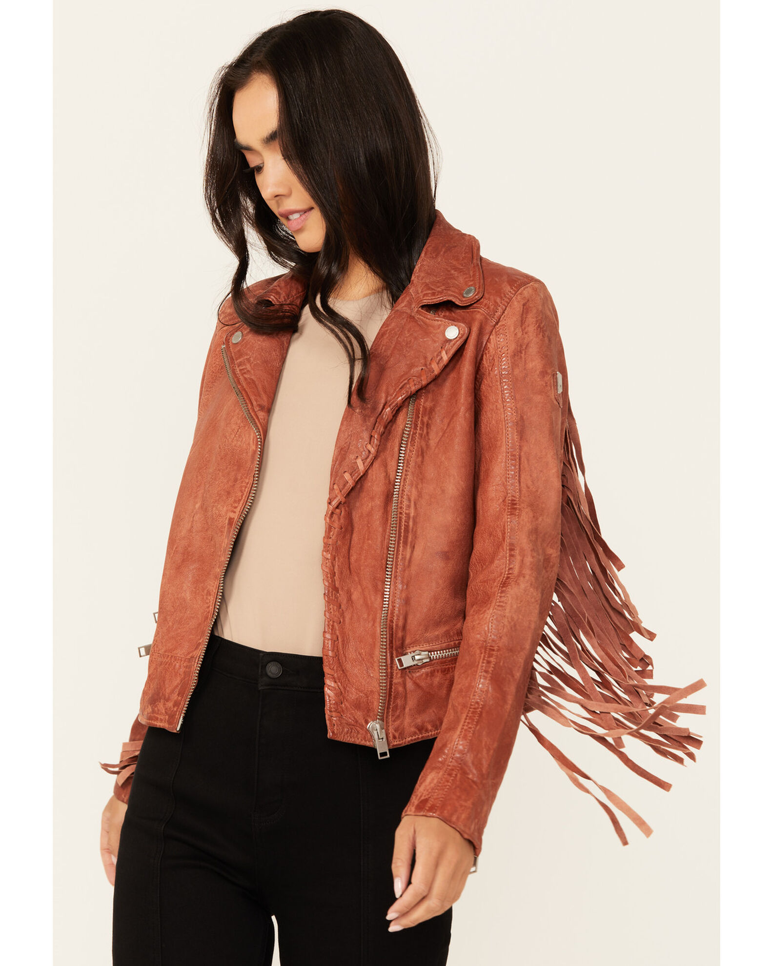 Fringe sleeve outlet leather jacket