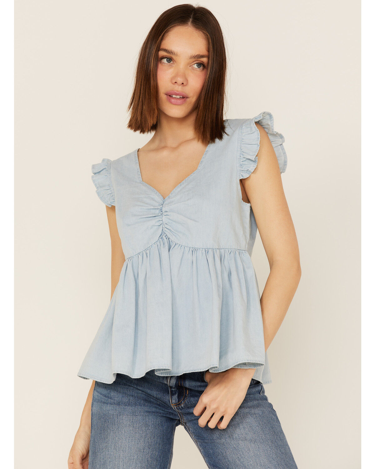 Image #1 - Molly Bracken Women's Sweetheart Flutter Sleeve Denim Top, , hi-res
