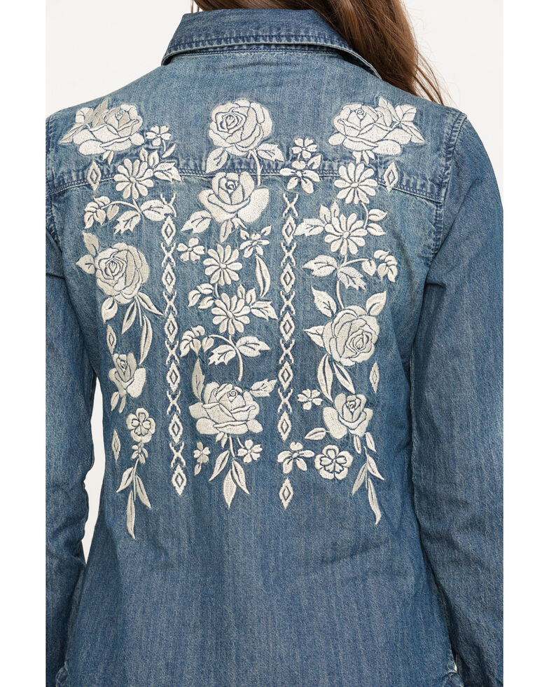 Stetson Women's Floral Embroidered Denim Long Sleeve Western Shirt, Blue, hi-res