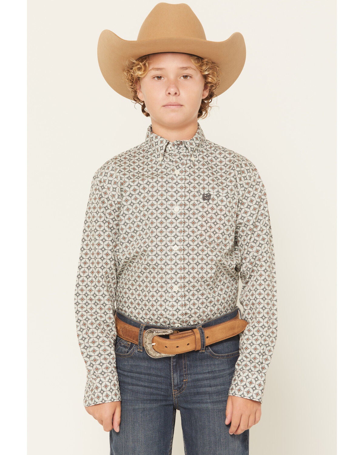 Image #1 - Cinch Boys' Geo Print Long Sleeve Button-Down Western Shirt, Cream, hi-res