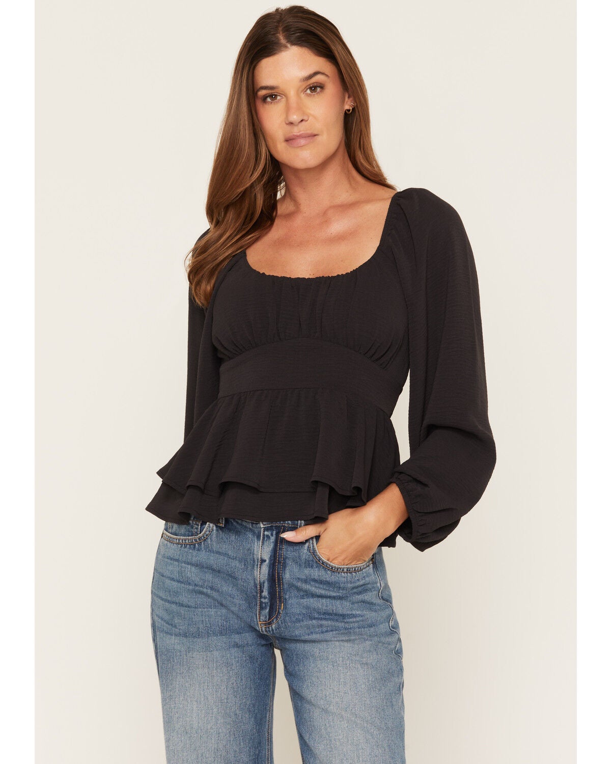 Originality Women's Boot Barn Exclusive Emma Double Layer Peplum Top, Charcoal, hi-res
