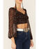 Image #2 - Lush Women's Lace Trim Rose Long Sleeve Crop Blouse, Black, hi-res