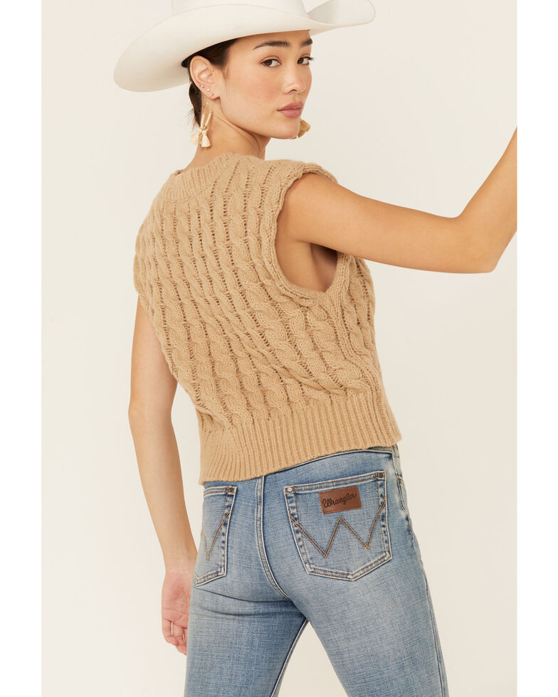 Very J Women's Mocha Cable Knit Cropped Sweater Vest, Brown, hi-res