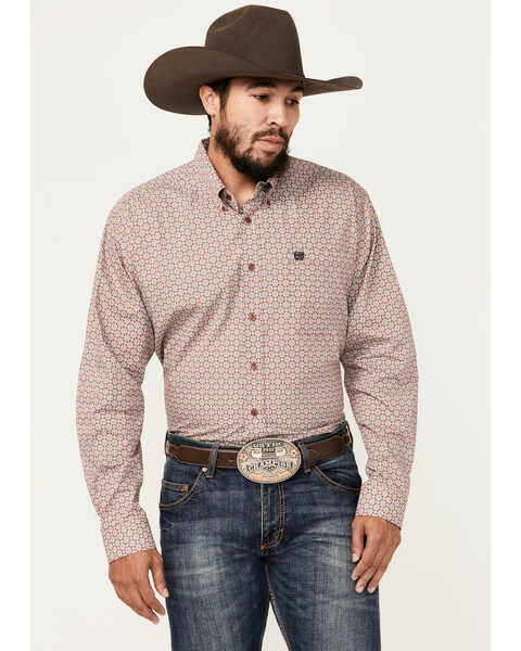 Cinch Men's Geo Print Long Sleeve Button-Down Western Shirt - Big , Burgundy, hi-res