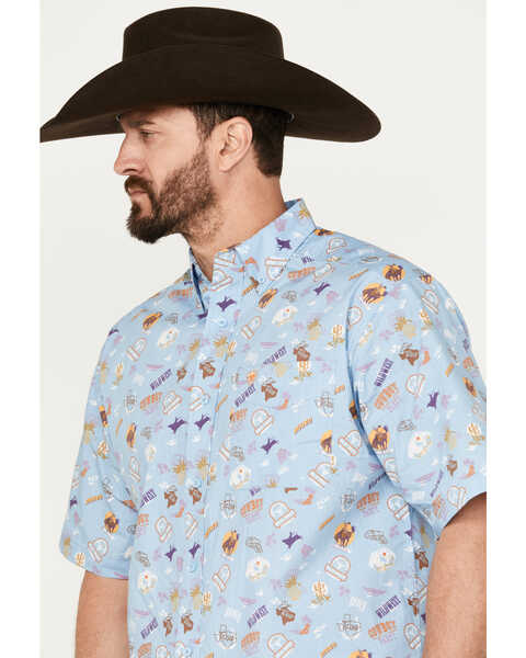Image #2 - Ariat Men's Mauricio Print Classic Fit Short Sleeve Button-Down Western Shirt, Light Blue, hi-res