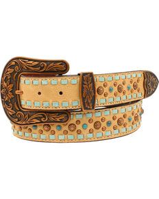 Nocona Women's Genuine Leather Laced Edge Studded Belt, Brown, hi-res
