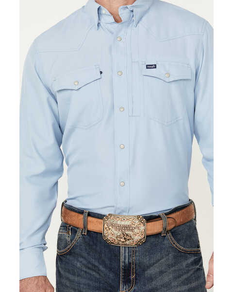 Image #3 - Wrangler Men's Solid Long Sleeve Snap Performance Western Shirt, Blue, hi-res