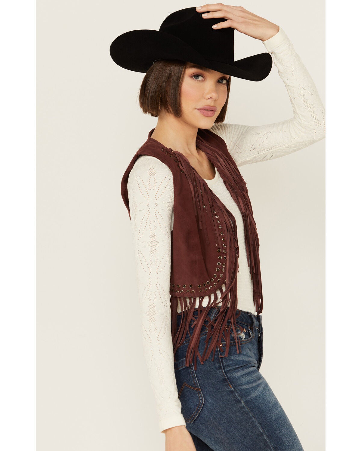 Image #2 - Shyanne Women's Short Fringe and Eyelet Suede Vest, Brown, hi-res