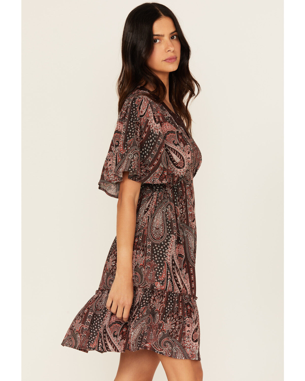 Image #2 - Shyanne Women's Crochet Trim Printed Short Sleeve Mini Dress, Chocolate, hi-res