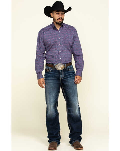 Stetson Men's Classic Medallian Geo Print Long Sleeve Western Shirt , Blue, hi-res