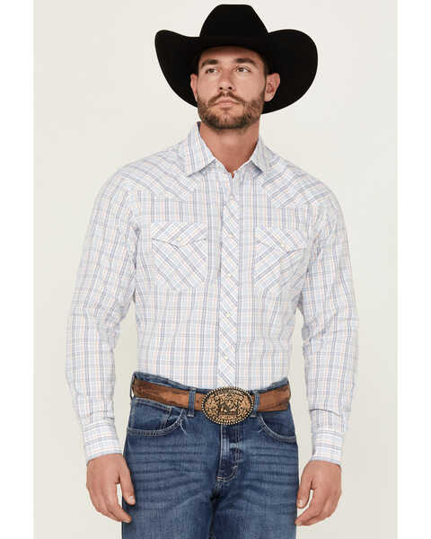 Wrangler 20X Men's Plaid Print Long Sleeve Pearl Snap Stretch Western Shirt , White, hi-res