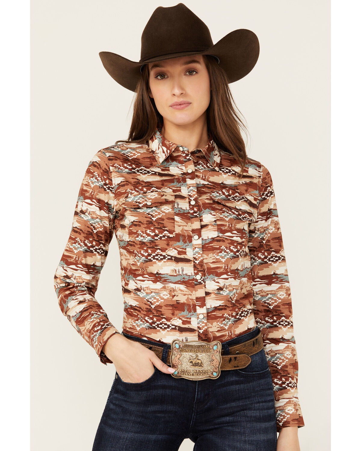 Shyanne Women's Cheyenne Desert Tossed Long Sleeve Snap Stretch Western Shirt, Lt Brown, hi-res