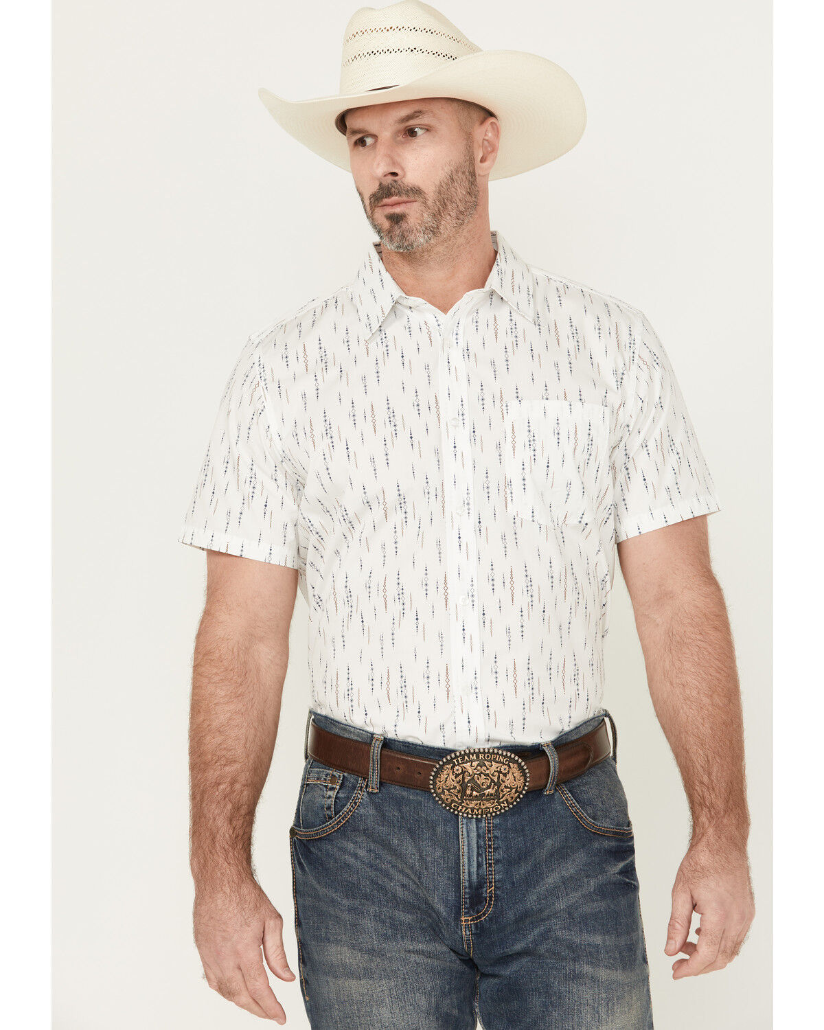 Image #1 - Gibson Trading Co Men's Discoteca Striped Short Sleeve Button-Down Western Shirt, White, hi-res
