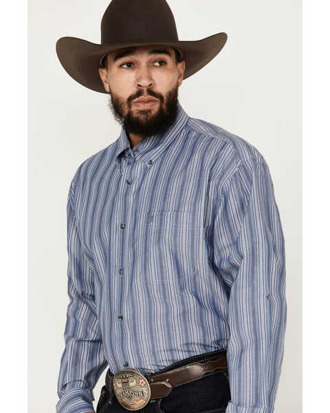 Image #2 - George Strait by Wrangler Men's Striped Long Sleeve Button-Down Western Shirt, Blue, hi-res