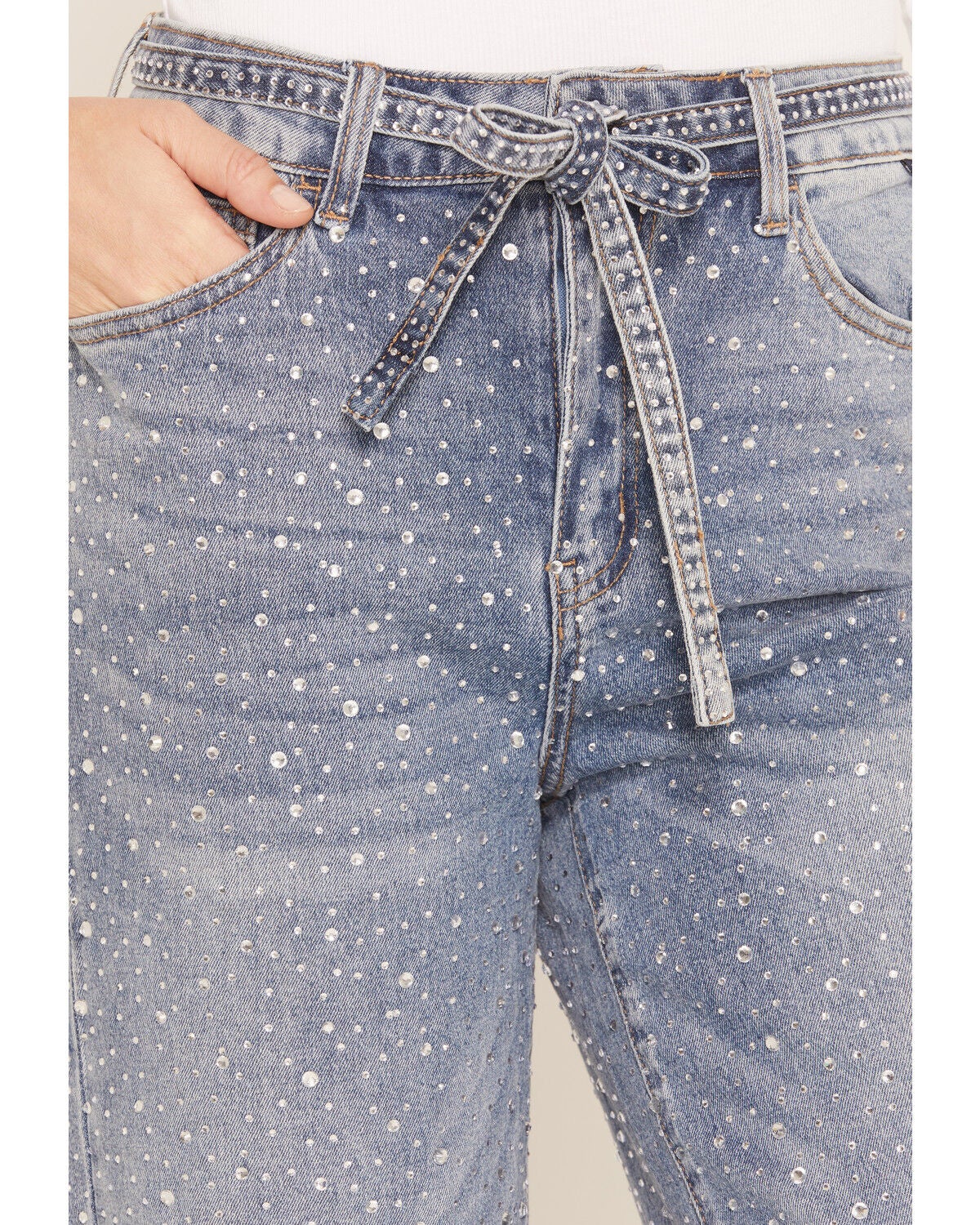Image #2 - Cello Women's Medium Wash High Rise Rhinestone Embellished Wide Stretch Denim Jeans, Medium Wash, hi-res