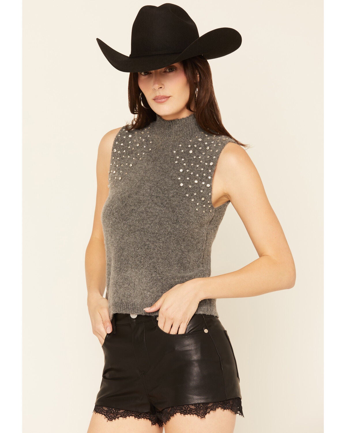 Sadie & Sage Women's Rhinestone Embellished Sweater Vest, Charcoal, hi-res